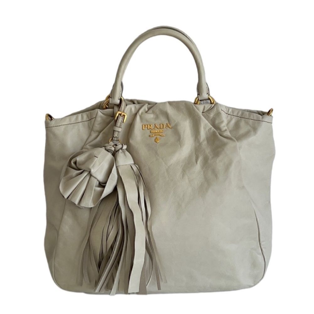 PRADA Vitello Two Way Hobo Beige Fringe Leather Bag